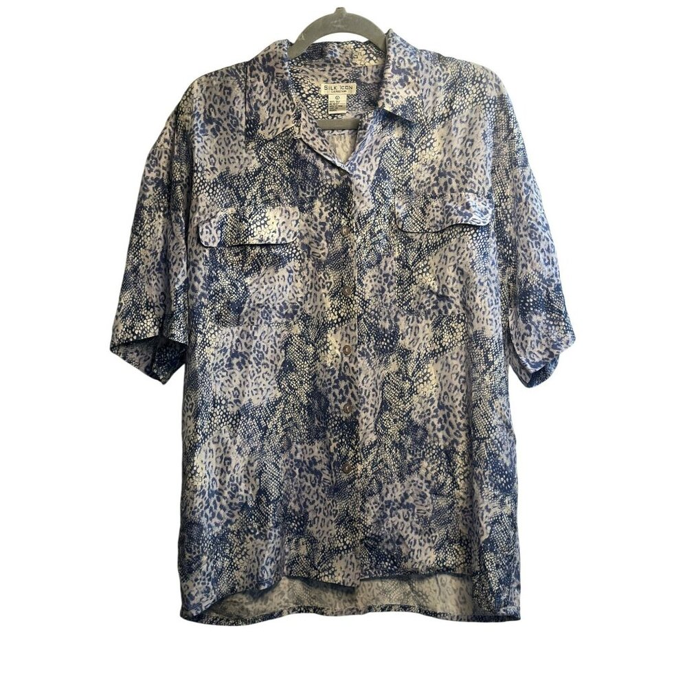 VTG Silk Icon Collection Blouse Blue & White Animal Print, Women’s Large 16"x28"